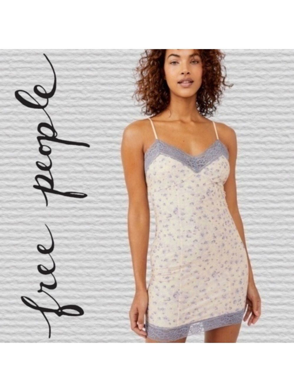 FREE PEOPLE No Secrets Floral Print Contrast-Lace-Trim Stretch Slip Dress/LG NWT